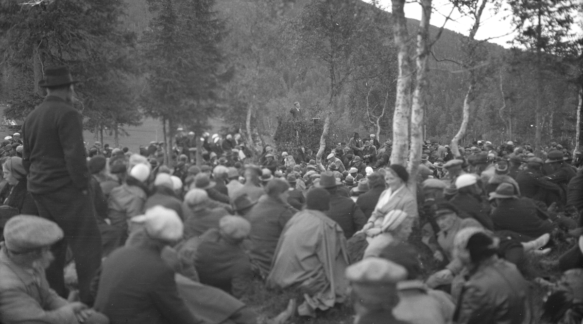 Bondestevne på Majavatn på 1934. Mye folk sittende i skogen. Mann som taler fra talerstol.