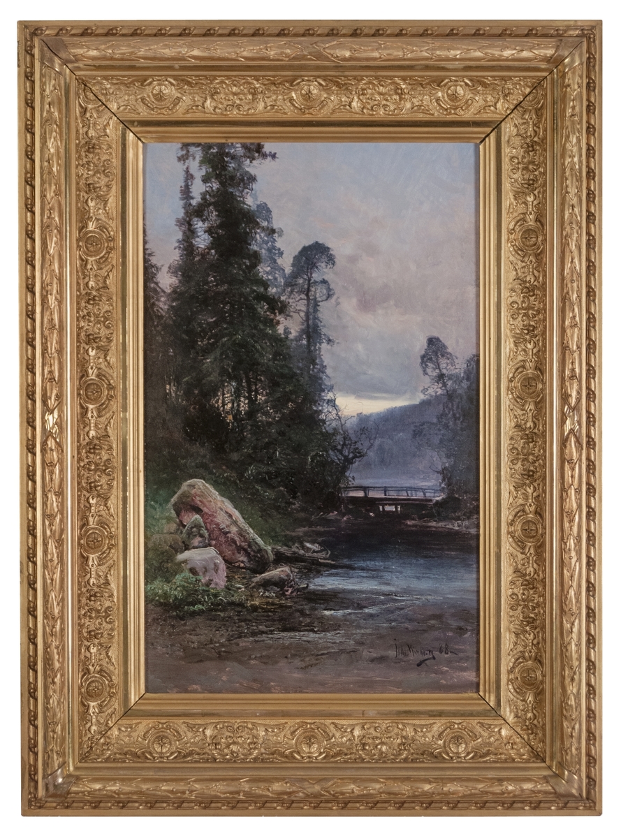 Oljemålning på duk, "Landskap med bro", John Kindborg 1888.
Förgylldf originalram.