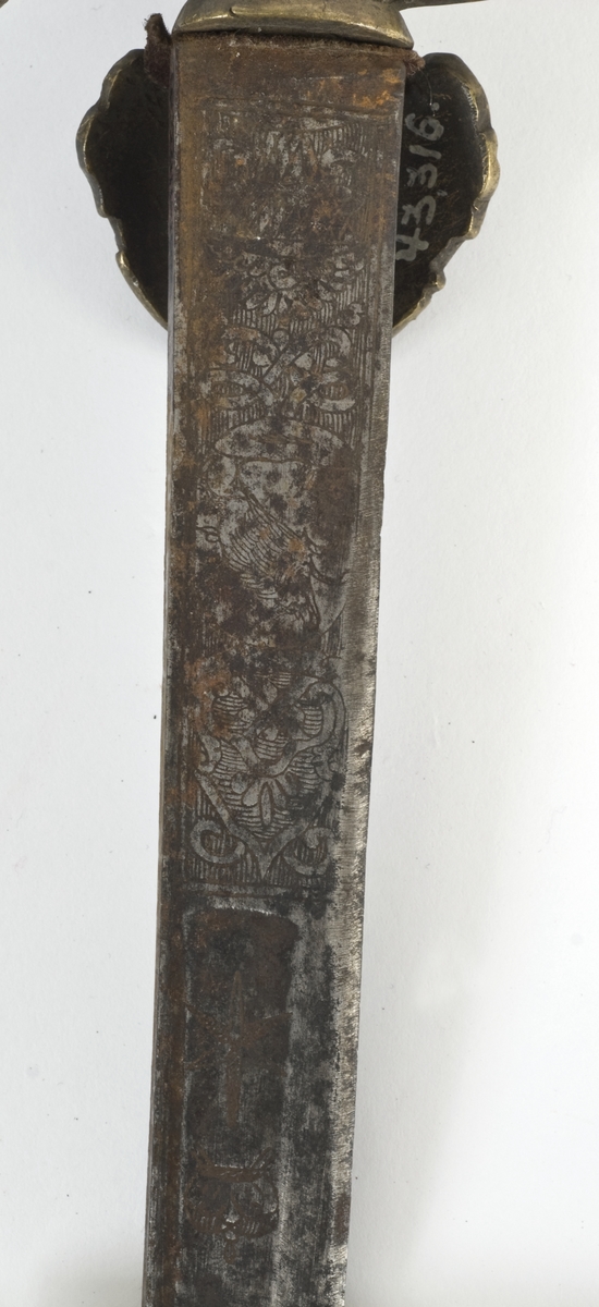 Knapp i form av hvelvet hette med dyreornamentikk og nedbøyd skjell på utsiden. Tregrep belagt med skilpaddeskall. Fremre parerstang går over i håndbøylen. Bakre parerstang ender i et stilisert dyrehode.  Nedbøyd skjell dekorert med dyremotiver på utsiden.
Enegget klieformet klingen med ryggslipning mot spissen. Klingen har en bred og en smal ryggstillt blodrand. Klingen har etset rankedekor på begge sider.
Lærbalg sydd på innsiden med messingbånd på toppen.