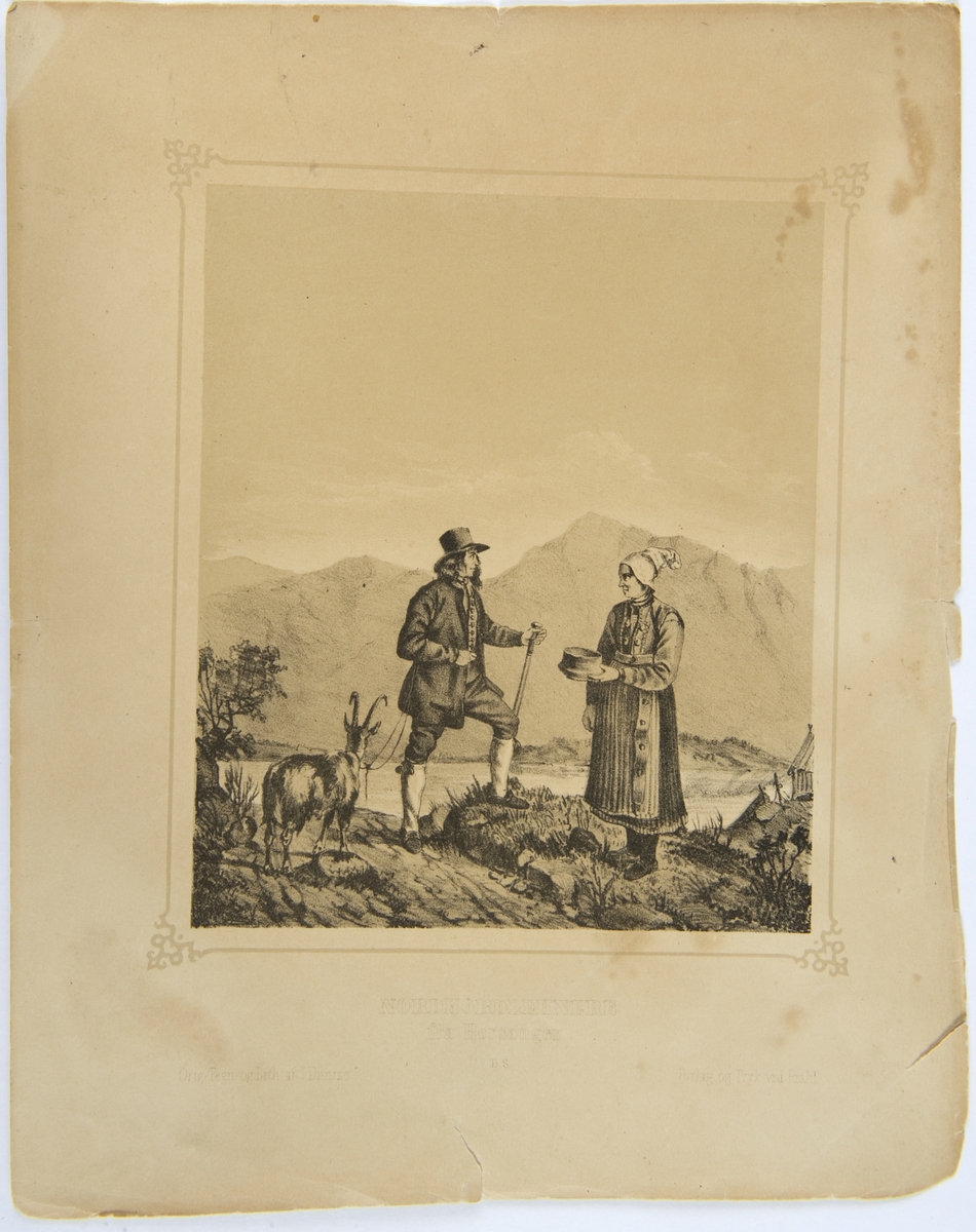 Landskap med kone og mann i drakter fra Horsanger, Hordaland. Mann med vandrestav og geit i bånd, kvinne med staup i hånden.