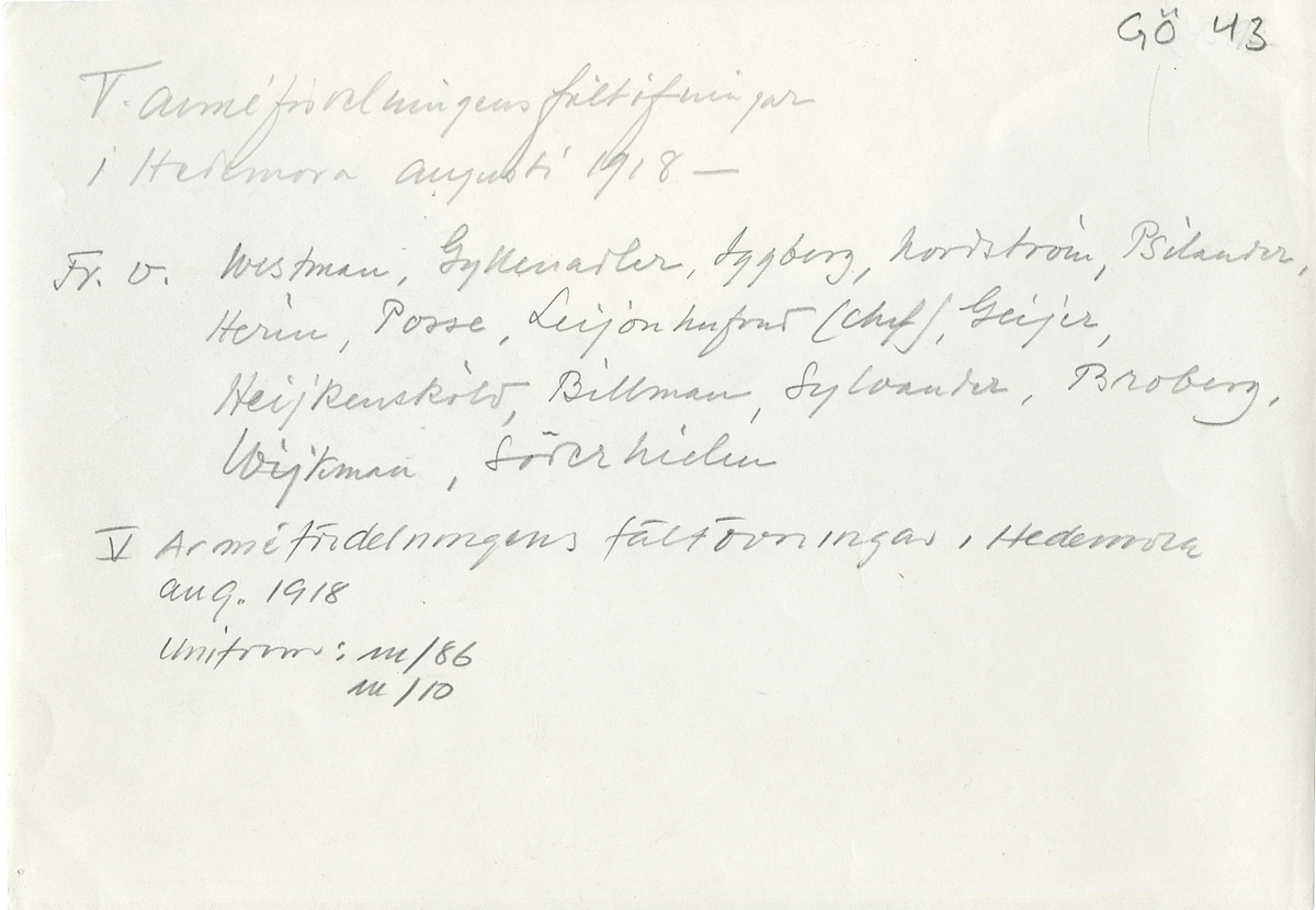 V. arméfördelningens fältövningar i Hedemora, augusti 1918.
För namn, se bild nr. 2.
