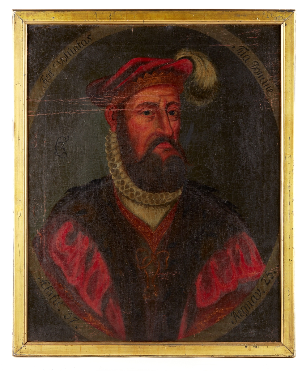 Portrett av kong Christian 3 av Danmark-Norge i drakt med pipekrage og fjærprydet hatt.