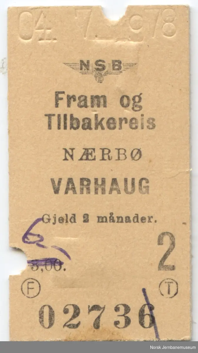 Billett Nærbø-Varhaug, fram og tilbakereis, 2. klasse