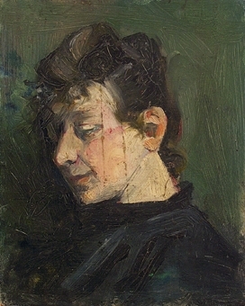 Målningen föreställer en kvinna, målad i mörka färger, svart och grönt. Halvprofil. Bakgrunden är mörkt grön. Signerad.
Målad i Sickla 1891.