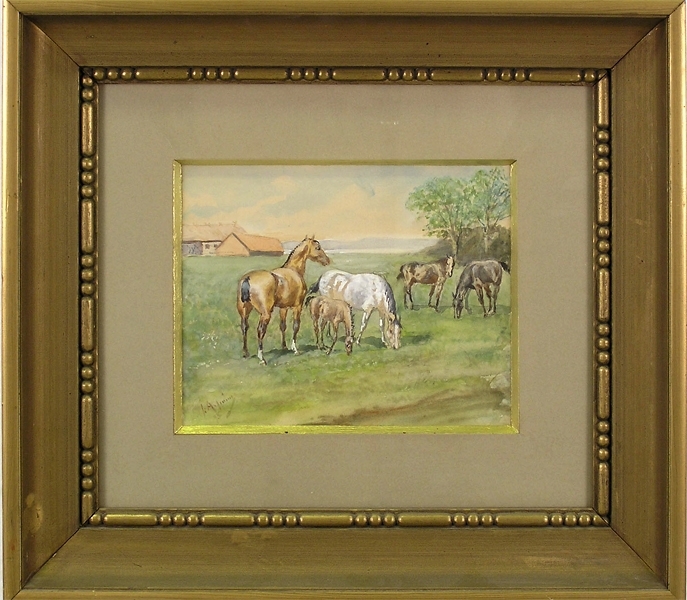 Enl. Liggaren: "Akvarell, betande hästar. Signerad: J. Arsenius, 95. Inramad i mörk guldram. Storlek: 52.2 x 48 cm."