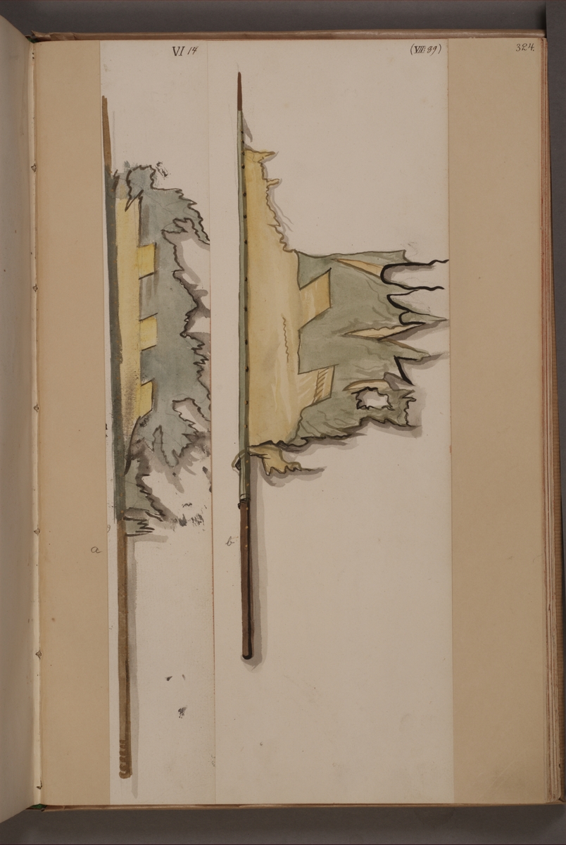 Avbildning i gouache föreställande fanor tagna som troféer av svenska armén. Fanan längst till höger i bild finns bevarad i Armémuseums samling, för mer information, se relaterade objekt.