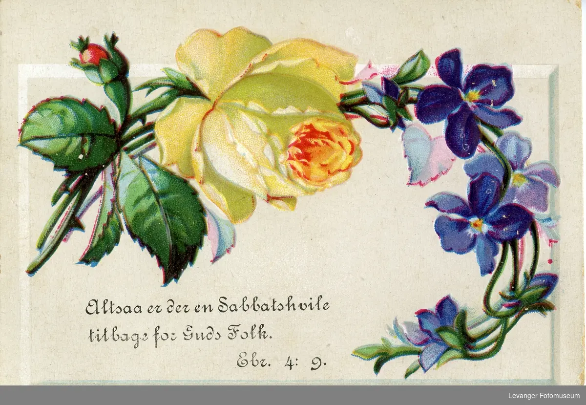 Postkort med blomstermotiv og bibelsitat.