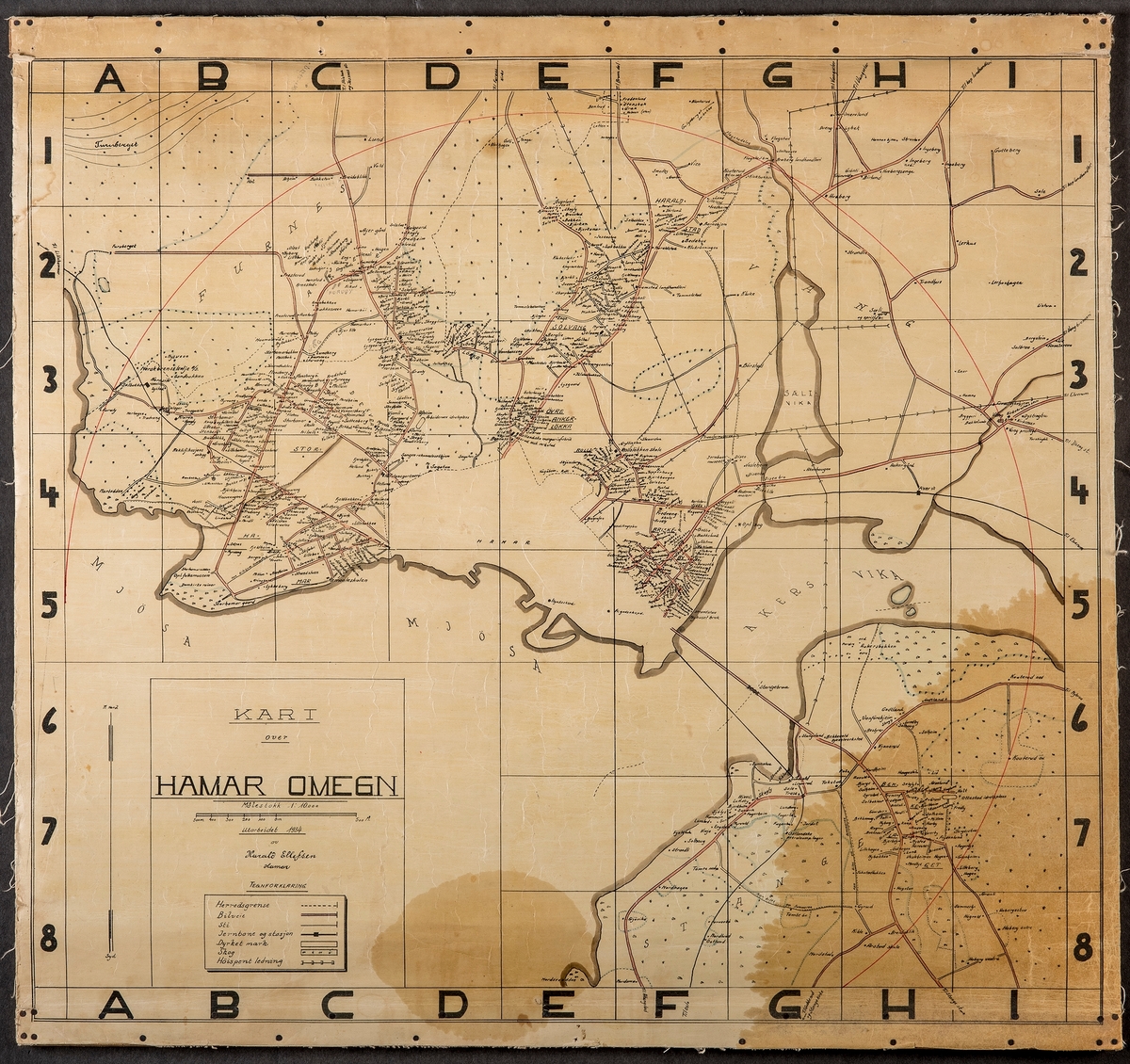 Hamar kart. Kart over Hamar og Omegn. Med steds og eiendoms navn. Utarbeidet i 1934 av Harald Ellefsen, Hamar. 
Målestokk 1 : 10000