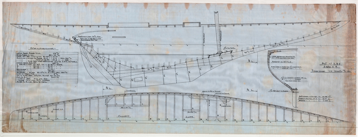 Konstruksjonstegning av 6meter R båt 'Jo'. Skala 1:10