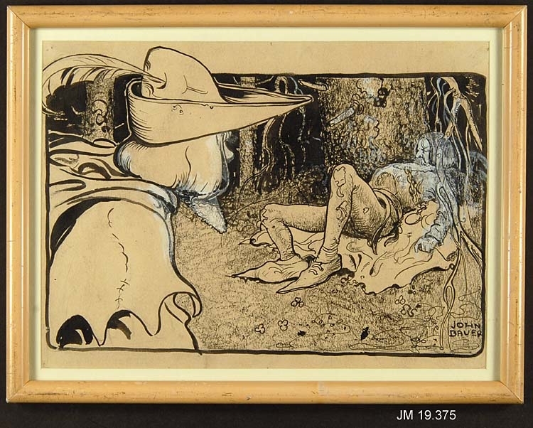 Akvarell föreställande en man i Robin Hood-utstyrsel som tittar på en liggande man.