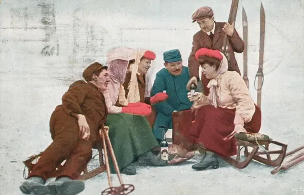 Julekort. Ski- og aketur. Kolorert fotografi. Sendt som jule