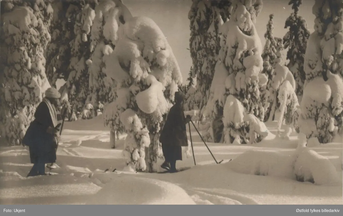 Julekort. Vinterlandskap med to skigåere. Fotografi. Poststempla 1917.