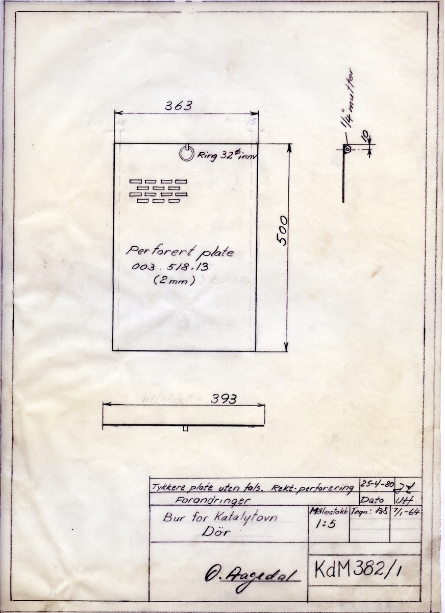 Håndtegnet arbeidstegning til dør til bur for katalytovn, Utarbeidet på Krossen i 1964. Endret 1980. Tegningsnummer KdM 382/1.