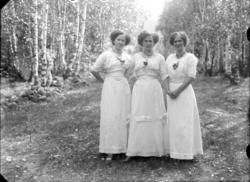Kvinner, 3 stk. i hvite kjoler ute i skogen