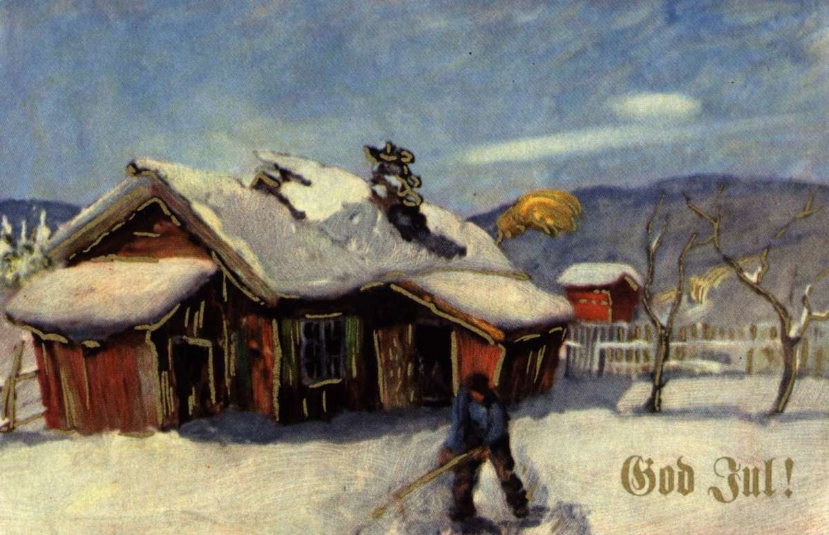 Julekort Ubrukt. Vintermotiv. En mann måker snø foran et hus. På huset er festet et julenek. I bakgrunnen ses et stabbur.