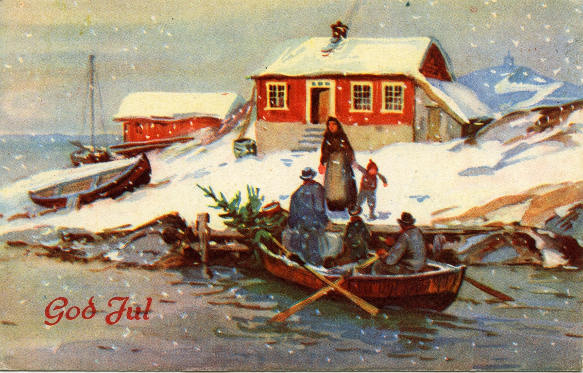 Julekort. Snødekt kystlandskap med lite hus og naust. Kvinne og barn tar imot to menn og barn i robåt, medbringende juletre. Stemplet 23.12.1945.