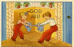 Julekort. Nyttårshilsen. To barn drar i hver sin ende av en 