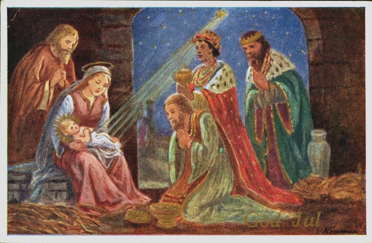 Postkort. Julemotiv. Jesus, Maria, Josef og de hellige tre konger i ...