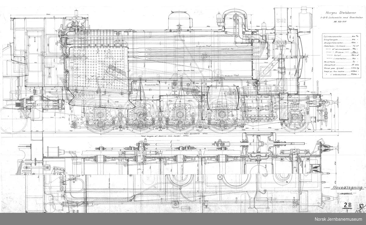 Damplokomotiv type 28a, hovedtegning
1-D-0 Lokomotiv med overheter - No. 163-164
28-1 Hovedtegning
28-1a Enderiss