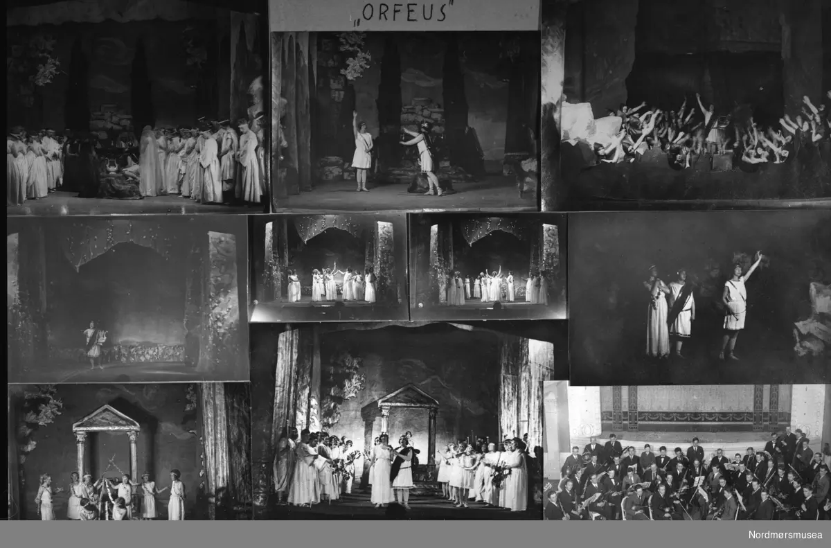 Gluck: Orfeus. Opera i Festiviteten, Kristiansund 1928. Kristiansund Symfoniorkester dir. Edvard Bræin. Collage. Nordmøre museums fotosamling.