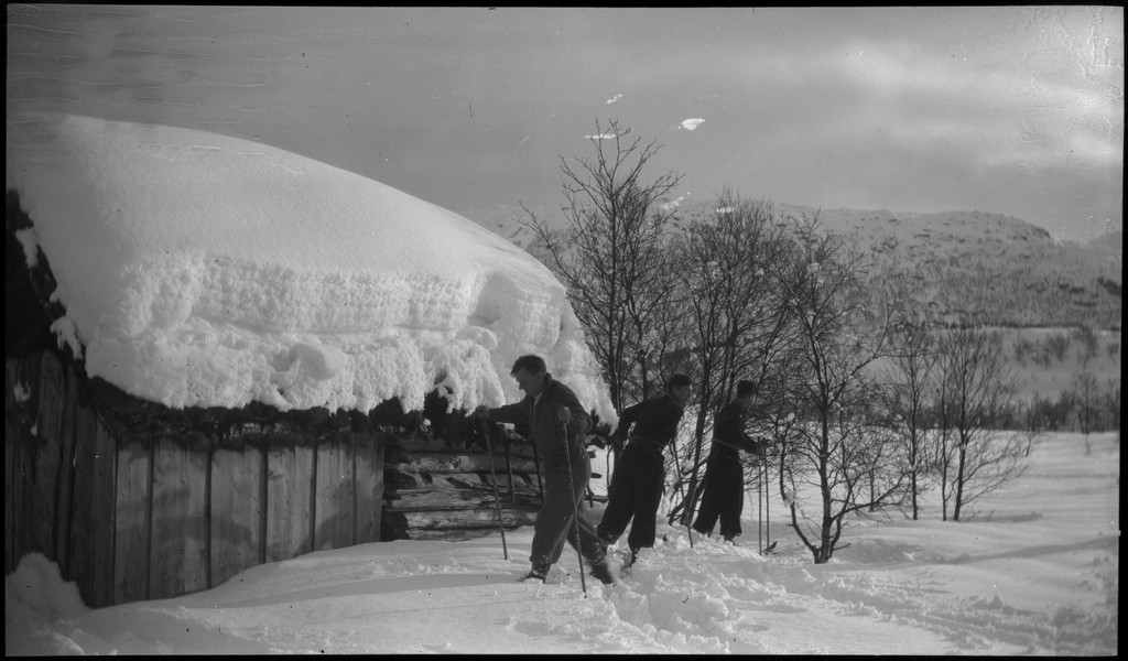 En vennegjeng på skitur i Suldal i vekslende vær. De er innom flere støler og overnattingshytter, bl.a. turistforeningshytta i Stranddalen. Noen ganger er klærne deres hvite av snø. Det er mye snø i fjellet og de må grave seg inn til hyttene. I den ene hytta lytter de til radio og studerer et gevær. Bilde nr. 6 viser en som smører skiene sine.