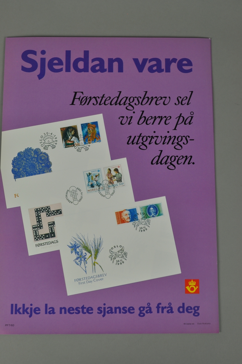 Salsgsplakat for Postens førstedagsbrev. Nye frimerker 24.11.1989. Bokmål og nynorsk.
