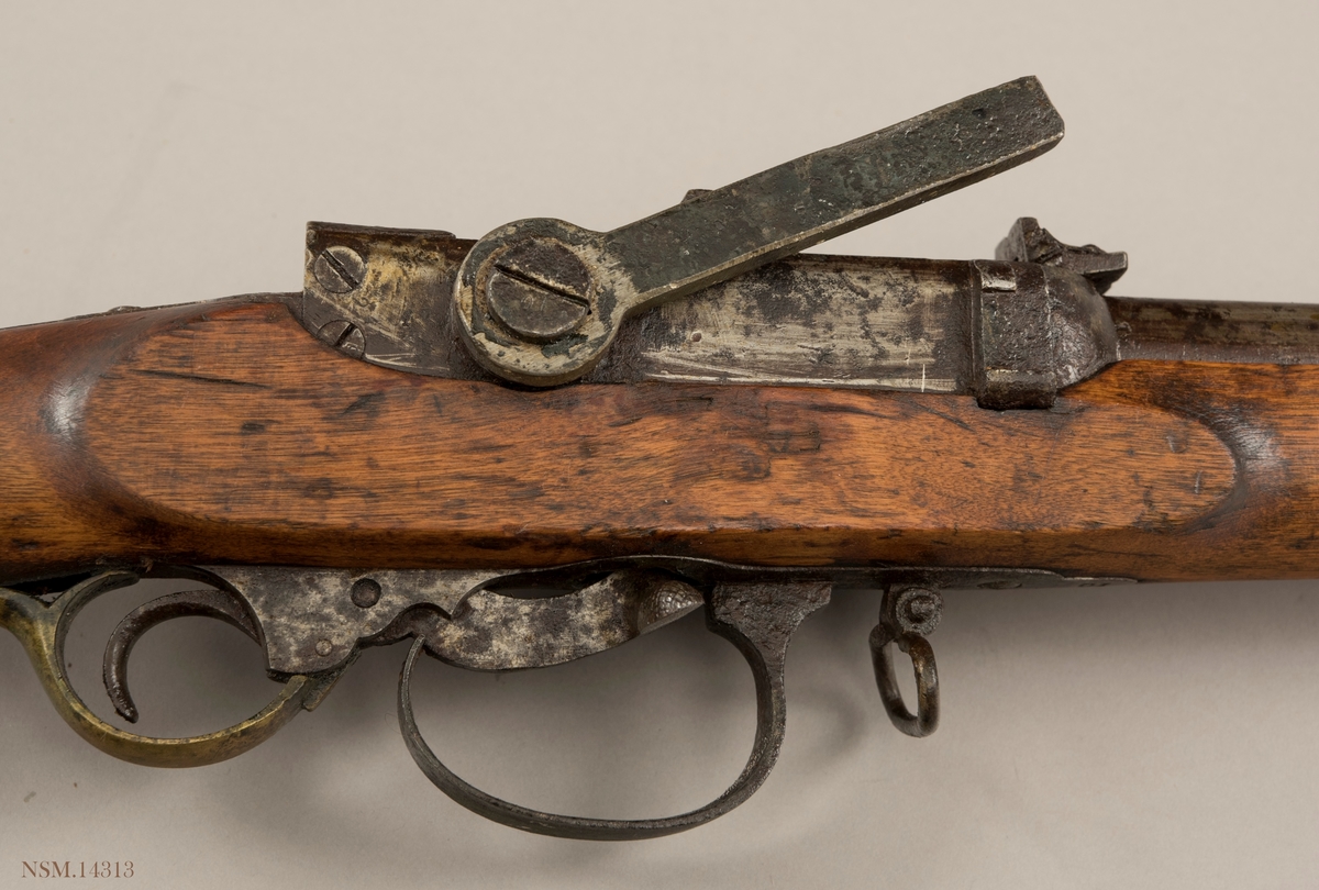 Geværet er av modell 1845/67 og produsert for marinen i et antall på ca.100. Geværet er langt kortere enn Modell 1860 for hæren og bedre til bruk om bord i skip. Det er vanskelig å skille de ulike kammerladningsmodellene fra hverandre men geværet har to trekk som skiller; baksiktet er utviklet for denne modellen og skruene i låsen er nummererte.

Våpenet er i dårlig stand og mangler utstøter/pussestokk og knappen på låsearmen.