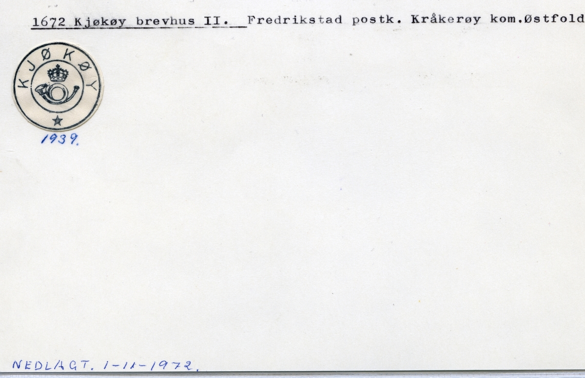 Stempelkatalog 1672 Kjøkøy brevhus, Fredrikstad, Kråkerøy kommune, Østfold