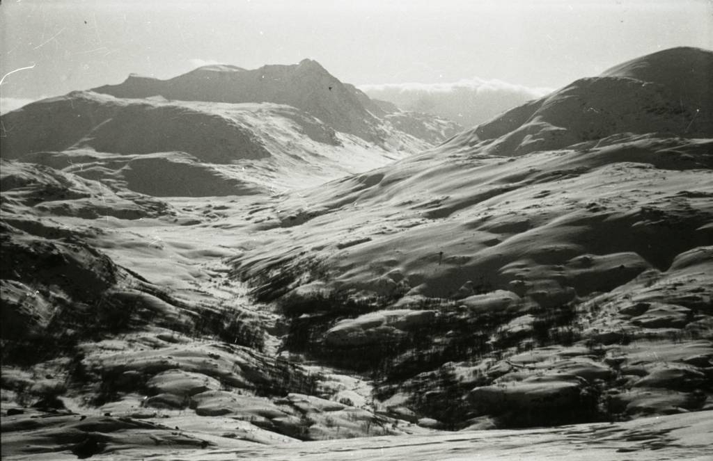 Sørdalen deles til høyre med Hunddalen og t.v.  i Nordbergryggen opp til Oallavagge. (boks mrk. B J. vinter )