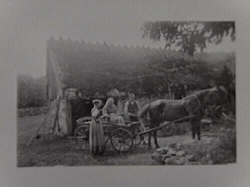 Motiv på Severin Nilsons Björsgård i Asige. Ett yngre par vid ett hästekipage med en äldre kvinna i vagnen, möjligen Severins mor Neta Beata, framför en lada av skiftesverk. Det är södra längan på Björsgård och till höger skymtar vårdträdet med stenfot.