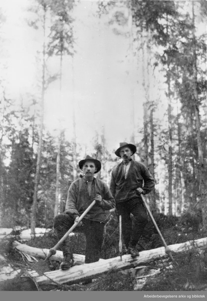Barking av tømmer i Grue, ca. 1920.