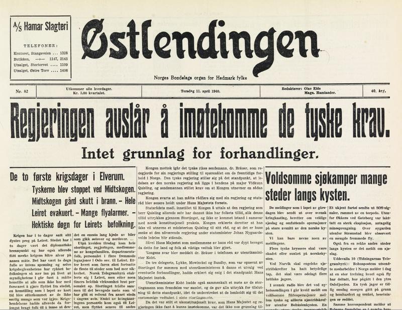 En utgivelse av avisa Østlendingen utgitt før bombingen.