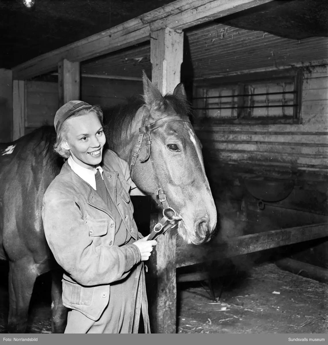 Carin Steffensen jobbar som häst- och stallskötare vid Sundsvalls ridskola. Stallet låg då på området där Västermalms gymnasium senare byggdes. Hästen heter Rosett.