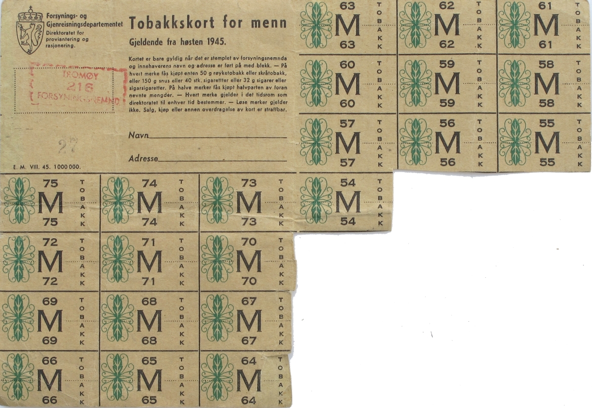 Tobakkskort for menn, gjeldende fra høsten 1945. 14 stk merker av 36 er klipt av.