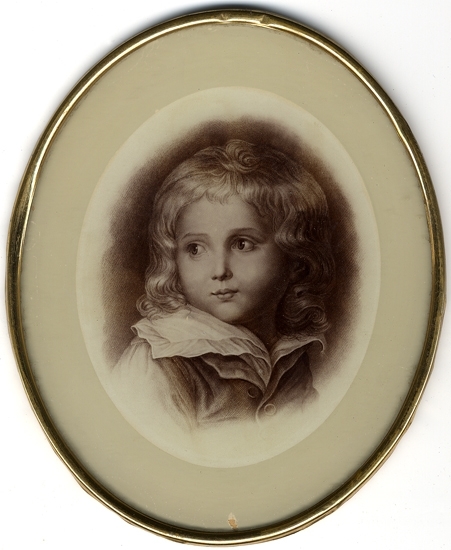 Tryck.
Tryck efter litografi (målning ?). 
Barnhuvud (pojke) i oval.
Föreställer ev. Ludvig XIIII av Frankrike, son till Ludvig XVI.
