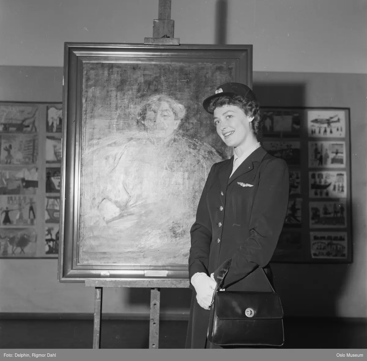 kvinne, flyvertinne, uniform, stående halvfigur, portrettmaleri