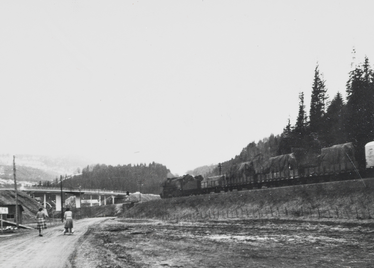 Godstog retning Trondheim kjører inn på Gudå stasjon. Toget trekkes av damplokomotiv type 63a.