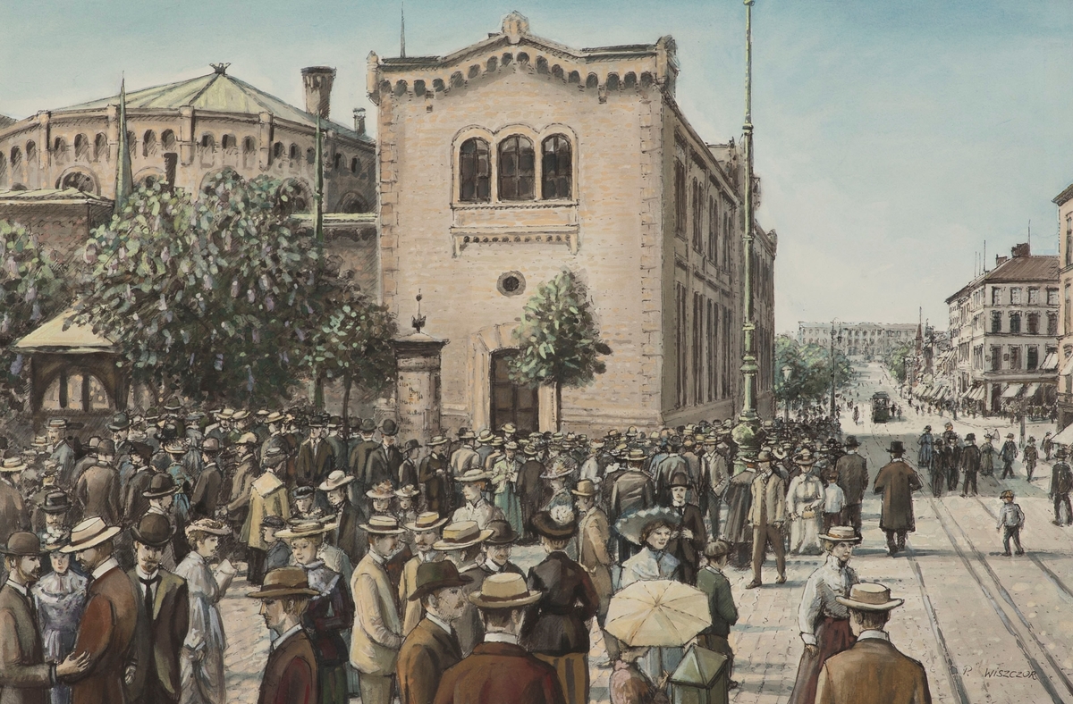 Folkemengde utenfor Stortinget, 7. juni 1905 [Gouache på papir]