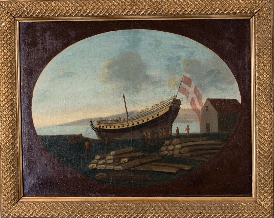 Skipsbilde av defensjonsfregatt ANNA MAGDALENAs stabelavløpning på Nordnespynten 13.8.1789. Fører det danske flagget.