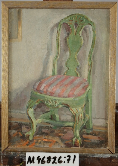 Oljemålning på träpannå. 
Grön stol (svensk rokoko)  med röd- och vitrandig sits.