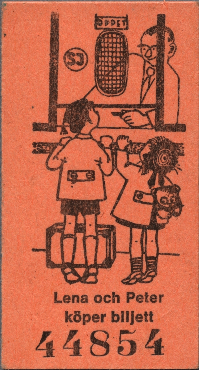Brun Edmonsonsk biljett med motiv av barn som ska ut och resa med tåg. En pojke och flicka står vid en biljettlucka där en manlig biljettförsäljare granskar en biljett. De har en väska stående på golvet och flickan har en liten ryggsäck på ryggen. På de två skyltarna vid biljettluckan står det "ÖPPET" på den ena och "SJ" på den andra.
I nederkant står med  tryckt text i svart: "Lena och Peter köper biljett" och nedanför finns biljettnumret "44854" med stora siffror.
På baksidan står en ramsa med tryckt text i svart: "Tiddelipom och piddelipåg, nog är det roligt att få åka tåg. Tiddelipom och piddelipunt, det säger i hjulen när de går runt. Tiddelipom och piddelipett, men man ska väl ha en egen biljett. OCH DET HAR DU.". 
Nedanför ovanstående barnramsa är biljetten avdelad med en svart linje och under denna står: "Småbarns-Biljett Gäller för resa HEMIFRÅN-BORT och hem igen". SJ's initialer inom en cirkel med ram runtom, står på höger sida under den heldragna linjen.
Det finns en dubblett med biljettnumret "44853".