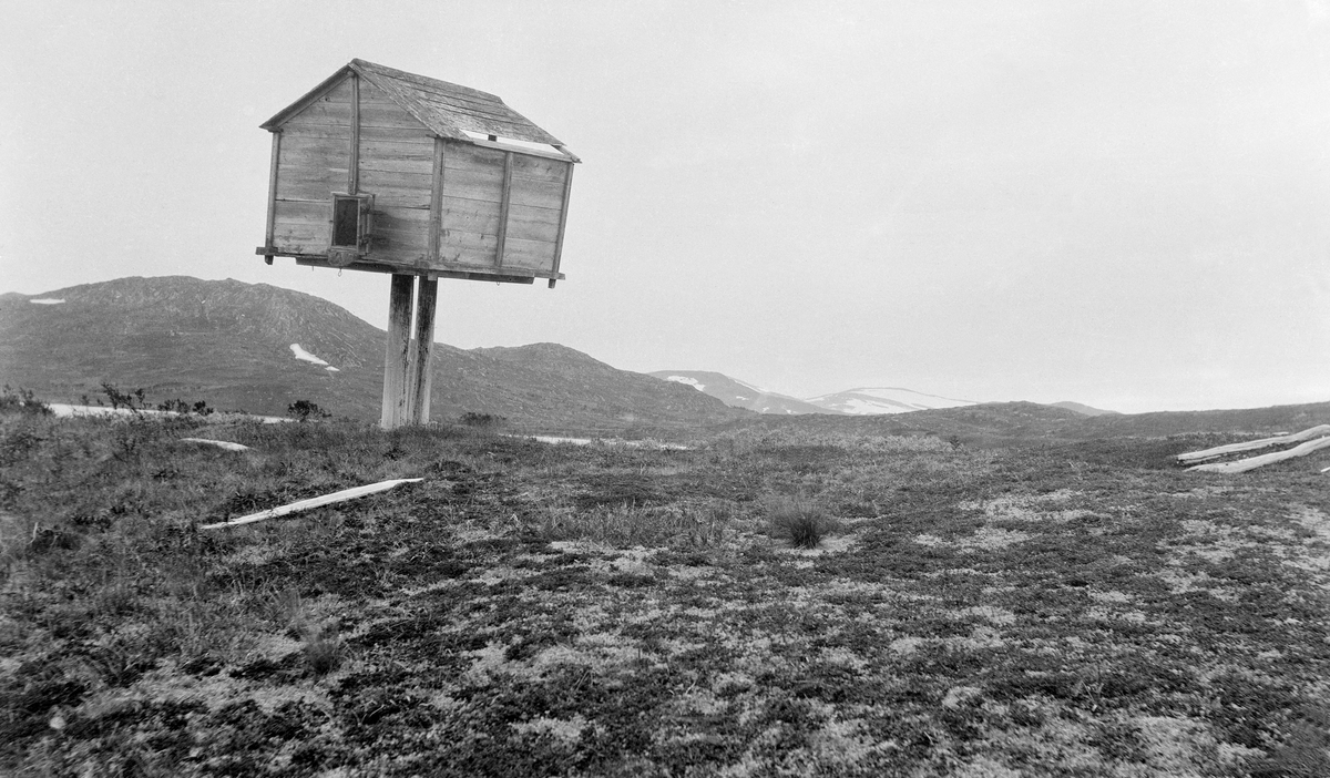 Samisk stabbur, reist på to stolper på en holme i Vervatnet i Mo statsskog.  Stabburet har saltak og later til å være en bindingsverkskonstruksjon med horisontal bordkledning. 