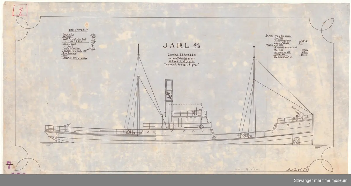 Skipstegning av D/S "Jarl" på stoff i blekk