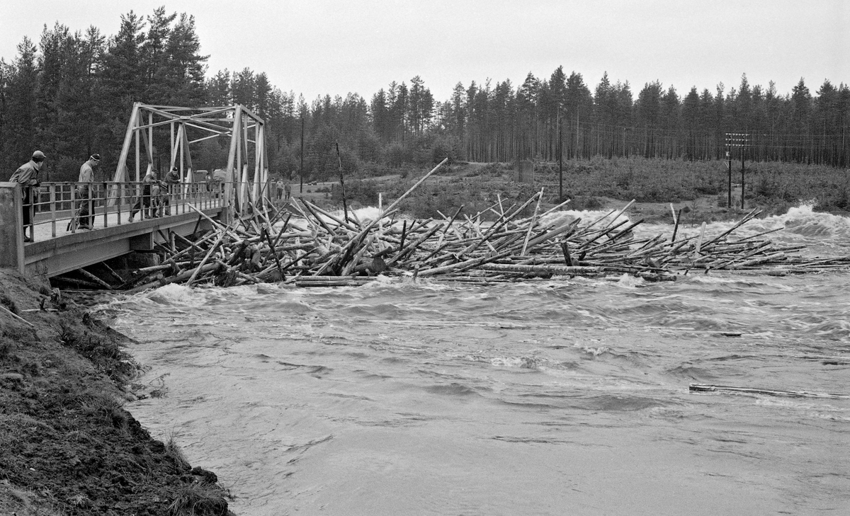 Storflom i elva Flisa i Åsnes kommune i Solør i slutten av april 1959.  Fotografiet er tatt mot brua over det nordvestre elveløpet.  Vannføringa var uvanlig stor, og elva hadde gått langt ut over sine normale bredder.  I forgrunnen ser vi enm betydelig mengde fløtingstømmer som hadde vaset seg sammen i strømmen mot et av brukarene som bar bjelkebrua som førte inn mot hovedbruspennet, som var utført i sprengverkskonstruksjon av stålbjelker.  En del menn i ulike aldrer hadde samlet seg på brua for å se storflommen på nært hold.  Bak den nevnte tømmervasen skimter vi det nordvestre elveløpet, hvor strømmen gikk meget strid, like oppunder brua.