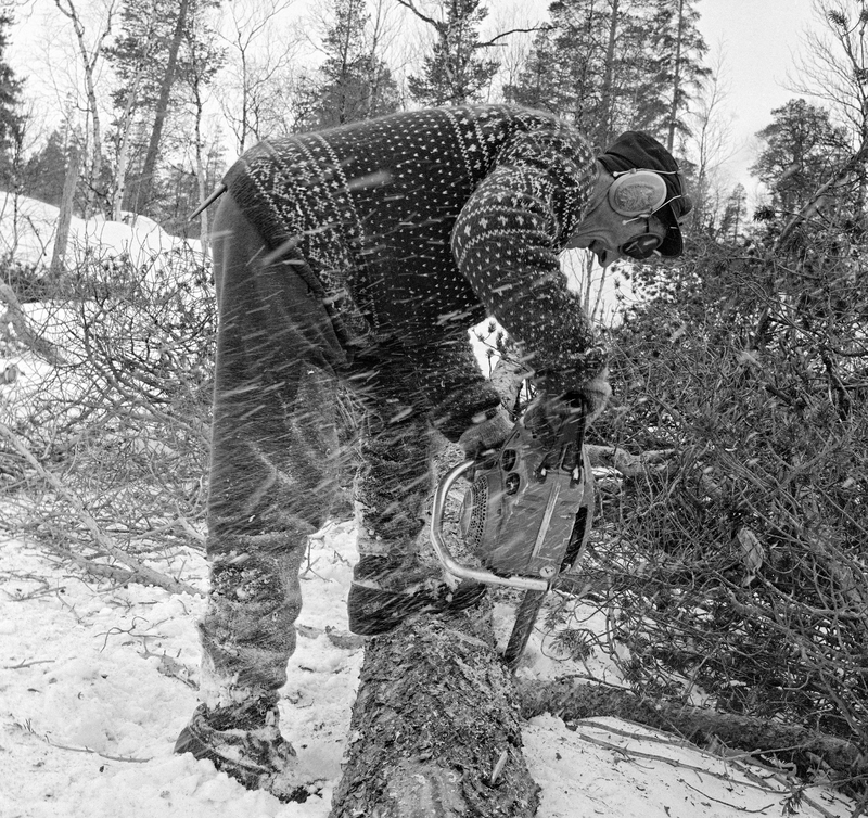 Kvisting med motorsag på et sted som i Norsk skogmuseums fotojournal kalles «Sørvika» i Røros kommune vinteren 1971.  Opptaksstedet er sannsynligvis Synnervika, i nordenden av innsjøen Femund, altså i Røros østre statsallmenning (Røros skogforvaltning).   Skogsarbeideren på bildet hadde felt ei furu på snødekt mark, som han kvistet.  Under dette arbeidet sto han med høyrefoten på venstre sida av stammen og den andre foten på sjølve stammen, mens han førte den ytre enden av sagsverdet mot overgangssonen mellom en grov kvist og trestammen med skjæreretning fra topp mot rot.  Sagflisa fra rivtannkjedet sprutet mot fotografen.  Mannen var kledd i vadmelsbukser og ei mønstret strikkejakke.  Over den hadde han dratt øreklokker og øynene var beskyttet av digre arbeidsbriller.  Ellers hadde ikke denne skogsarbeideren verneutstyr.  Saga han arbeidet med ser ut til å ha vært en Husquarna-modell.