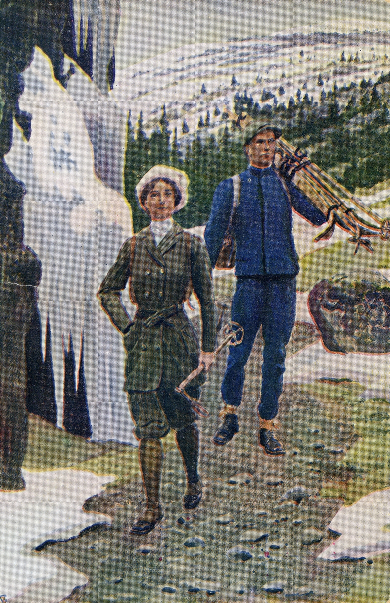 Postkort. Motivet på kortets fremside viser en mann og kvinne som som skal, eller har vært på skitur. Mannen bærer mesteparten av skiutstyret.