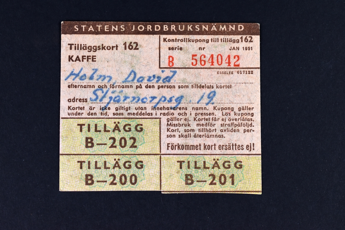Tilläggskort för kaffe utfärdat av Statens jordbruksnämnd till David Holm, januari 1951.