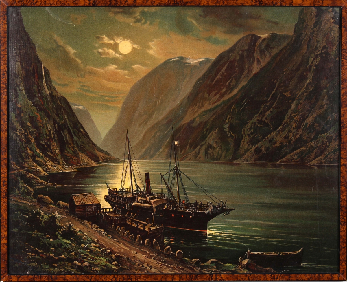 Kopi av oljemaleri av DS FJALIR tilh. Fylkesbaatane i Sogn og Fjordane ved kai i Gudvangen i måneskinn ca. 1870-årene.