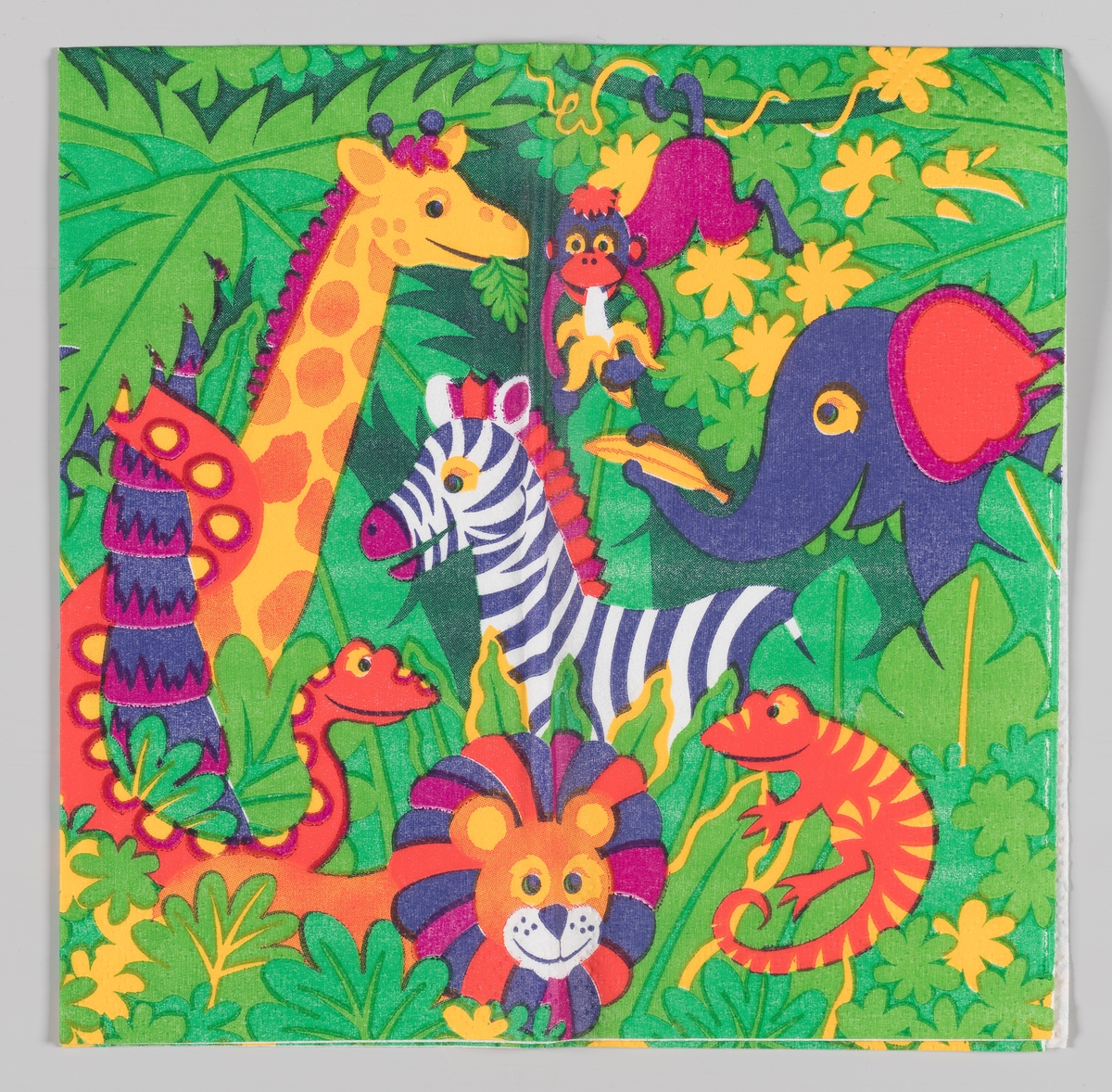 Afrikanske dyr i en jungel: En giraff, en ape, en elefant, en sebra, en slange en løve og en øgle