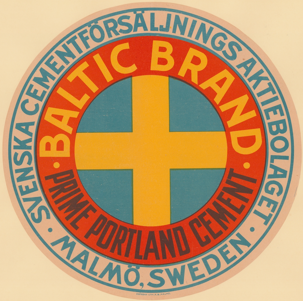Fabriksmärke för cementpåsar. Svenska Cementförsäljningsaktiebolaget. Prime Portland Cement. Baltic Brand.